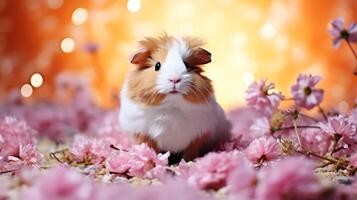 ai généré hamster dans le herbe. hamster sur une Contexte de fleurs. photo