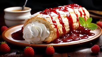 ai généré gâteau Rouleaux avec fraise sauce sur une blanc assiette sur une noir Contexte. photo