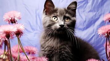 ai généré magnifique gris chaton avec rose fleurs sur bleu Contexte. photo