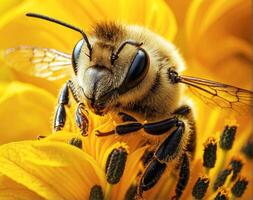 ai généré proche en haut de une abeille polliniser fleur photo