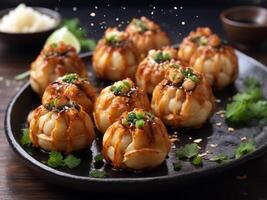 ai généré assiette de grillé Dumplings garni avec sésame des graines et vert oignons photo