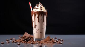 ai généré délicieux Chocolat Milk-shake avec fouetté crème photo