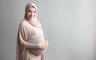 ai généré content Enceinte musulman femme émouvant sa ventre photo