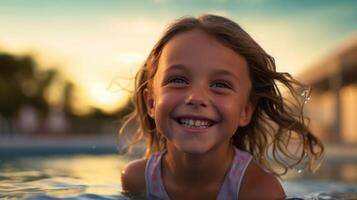 ai généré une de bonne humeur Jeune fille sourit au bord de la piscine photo