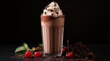 ai généré délicieux Chocolat Milk-shake avec fouetté crème photo