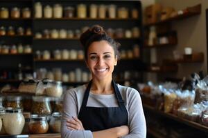 ai généré content et approchable vendeuse assistant les clients avec une sourire à le supermarché photo