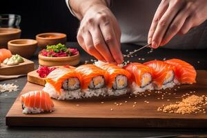 ai généré moderne nourriture styliste décorer ensemble de savoureux Sushi pour présentation dans restaurant. fermer sur le main de une serveur porter nourriture photo