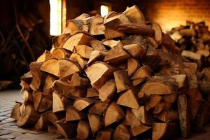 ai généré rustique charme. prime bois de chauffage empiler pour une confortable pays maison cheminée ambiance photo