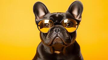 ai généré à la mode chien dans des lunettes de soleil sur Jaune arrière-plan, marrant animal de compagnie dans lunettes - cool animal concept photo