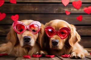 ai généré réconfortant valentines journée canines. deux chiens magnifiquement décoré avec en forme de coeur ornements et adorable cœur des lunettes photo
