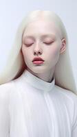 ai généré portrait de albinos femelle modèle dans studio avec yeux fermé photo