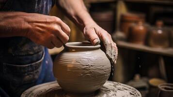 ai généré proche en haut portrait de potier Masculin mains fabrication une pot sur le roue photo