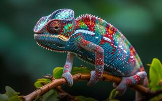 ai généré coloré caméléon sur vert branche photo