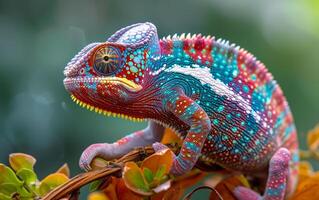 ai généré coloré caméléon sur vert branche photo