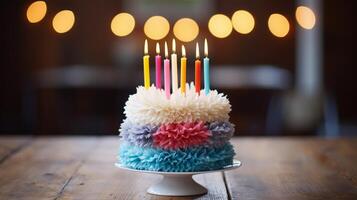 ai généré coloré anniversaire gâteau avec bougies et décorations photo