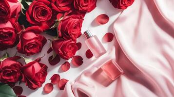 ai généré parfum bouteille au milieu de magnifique rouge des roses photo