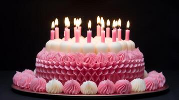 ai généré coloré anniversaire gâteau avec bougies et décorations photo