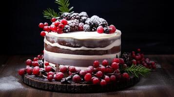 ai généré Noël gâteau avec baies et sapin arbre photo