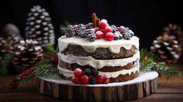 ai généré Noël gâteau avec baies et sapin arbre photo