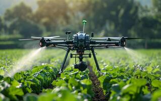 ai généré drone pulvérisation cultures à lever du soleil photo