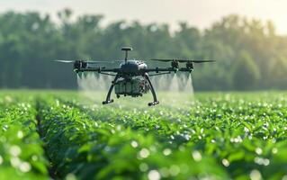 ai généré drone pulvérisation cultures à lever du soleil photo