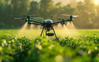 ai généré drone pulvérisation cultures à lever du soleil photo