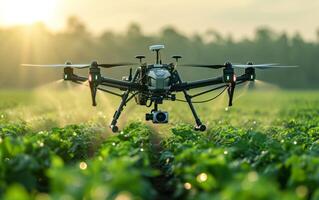 ai généré drone pulvérisation cultures à lever du soleil photo