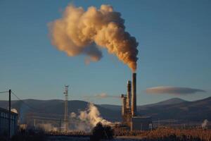 ai généré fumée flots de une usine cheminée symbolisant industriel activité, la pollution et industriel impact photo