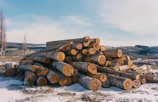 ai généré une grand pile de journaux empilés dans le forêt, la déforestation et enregistrement concept photo