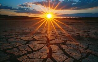 ai généré Soleil ensembles plus de desséché Terre, extrême temps événements image photo