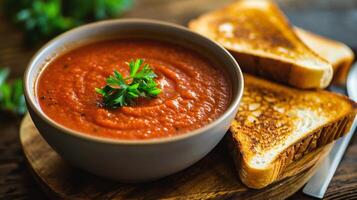 ai généré tomate soupe avec grillé pain sur en bois tableau, fermer photo