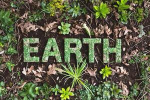 ai généré mot Terre fabriqué de vert des lettres sur le sol dans le jardin. photo