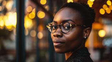 ai généré proche en haut portrait de magnifique africain américain femme portant lunettes. photo