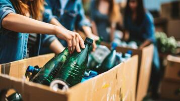 ai généré groupe de Multi-éthnique bénévoles collecte Plastique bouteilles dans parc sur ensoleillé journée photo