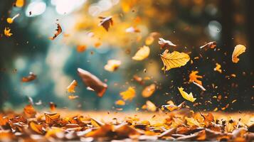 ai généré l'automne feuilles en volant dans le air dans le forêt. Naturel Contexte photo