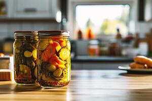 ai généré proche en haut de une pot de mariné des légumes sur une cuisine compteur photo