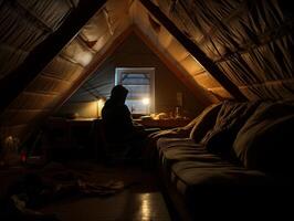 ai généré homme séance dans une tente à nuit et à la recherche en dehors le la fenêtre. photo