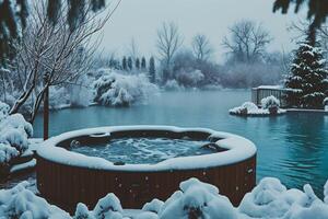 ai généré hiver paysage avec neige couvert des arbres, Lac et chaud baignoire photo