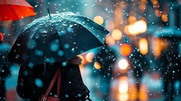 ai généré gens avec parapluies en marchant sur le rue pendant lourd chute de neige photo