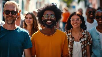 ai généré portrait de une souriant Jeune homme avec copains dans le Contexte. photo