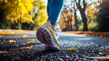 ai généré coureur pieds sur route dans l'automne la nature. femme aptitude le jogging faire des exercices bien-être concept. photo