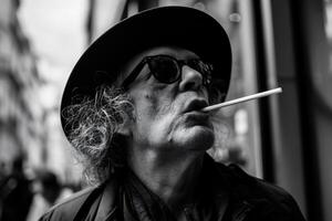 ai généré vieux homme fumeur cigarette dans le ville. noir et blanc photo. photo