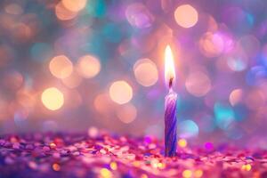 ai généré anniversaire gâteau avec brûlant bougie sur coloré bokeh lumières Contexte photo