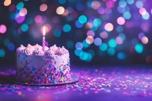 ai généré anniversaire gâteau avec brûlant bougie sur coloré bokeh lumières Contexte photo