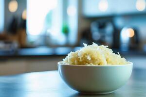 ai généré Choucroute dans verre bol sur en bois table dans cuisine photo