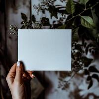 ai généré femelle main en portant une blanc feuille de papier sur une Contexte de fleurs photo