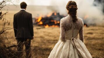 ai généré la mariée et jeune marié sur le Contexte de une feu dans le champ. photo