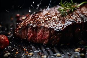 ai généré du boeuf steak avec l'eau gouttes sur une noir Contexte photo