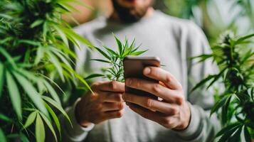 ai généré cannabis producteur en utilisant téléphone intelligent. fermer de une Jeune homme en portant une cannabis plante dans le sien mains. intérieur cultivation concept. photo
