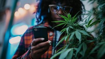 ai généré cannabis producteur en utilisant téléphone intelligent. fermer de une Jeune homme en portant une cannabis plante dans le sien mains. intérieur cultivation concept. photo